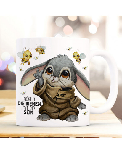 Tasse Becher mit Spruch Mögen die Bienen mit dir sein Hase Häschen Bunny Kinder Motiv Wunschname Name Kaffeebecher Kaffeetasse Geschenk ts2116