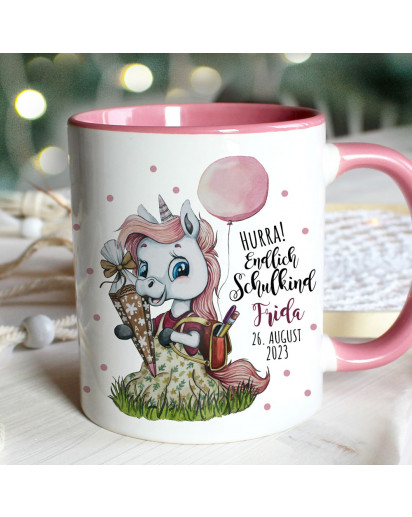 Tasse Emaille Becher zum Schulanfang zur Einschulung Einhorn Schultüte Spruch Hurra endlich Schulkind Wunschname Datum Geschenk Bundle76 ts2124 eb691