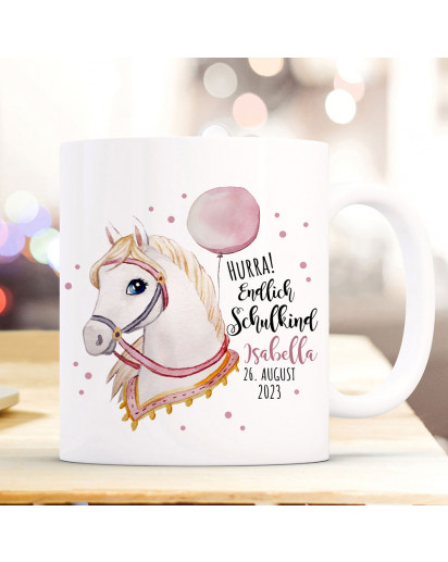 Tasse Emaille Becher zum Schulanfang zur Einschulung Pferd Stute mit Halfter Spruch Hurra endlich Schulkind Wunschname Datum Geschenk Bundle79 ts2127 eb692