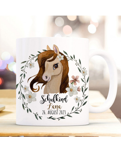Tasse Emaille Becher zum Schulanfang zur Einschulung Pferd Stute braun Kranz Spruch Schulkind Wunschname Datum Geschenk Bundle81 ts2129 eb694