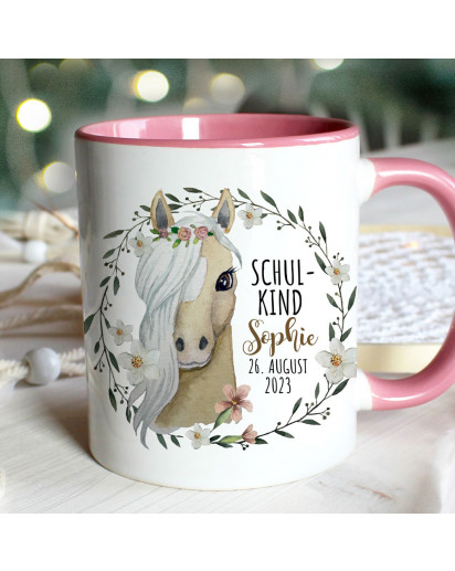 Tasse Emaille Becher zum Schulanfang zur Einschulung Pferd Stute Blumen Kranz Spruch Schulkind Wunschname Datum Geschenk Bundle82 ts2130 eb695