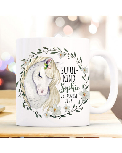 Tasse Emaille Becher zum Schulanfang zur Einschulung Pferd Stute weiß Schimmel Kranz Spruch Schulkind Wunschname Datum Geschenk Bundle83 ts2131 eb696