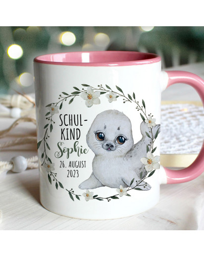 Tasse Emaille Becher zum Schulanfang zur Einschulung Seehund Robbe weiß Blumen Kranz Spruch Schulkind Wunschname Datum Geschenk Bundle84 ts2132 eb697