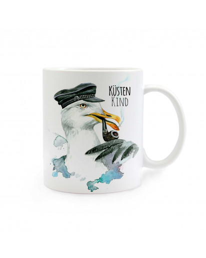 Tasse Kapitän Möwe mit Spruch Küstenkind cup captain seagull with saying coast child ts276