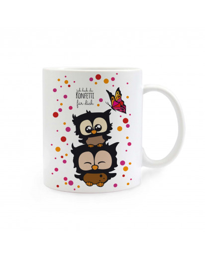 Tasse Eulen Eulchen mit Schmetterling und Spruch Ich hab da Konfetti für dich owls little owls with Butterfly and saying I've got confetti for you elephant with stars and saying I miss you