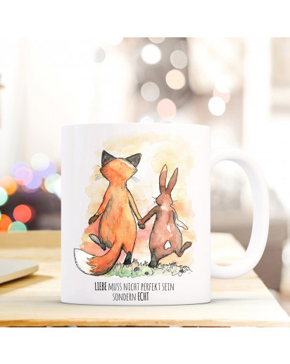 Tasse Hase und Fuchs mit Spruch Liebe muss nicht perfekt sein sondern echt Cup rabbit and fox saying love don't have to be perfect, but real ts287