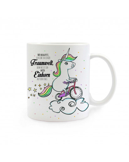 Tasse Becher Kaffeetasse Kaffeebecher Kindertasse Kinderbecher Einhorn Einhorntasse Einhornbecher Einhorn auf Fahrrad mit Sternen Punkten und Spruch Traumwelt cup mug coffee cup coffee mug children cup children mug unicorn on bike with stars dots and sayi