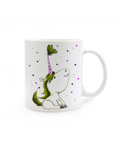 Tasse Einhorn Einhorntasse mit Schmetterling und Punkten grün lila cup unicorn with butterfly and dots green purple ts297