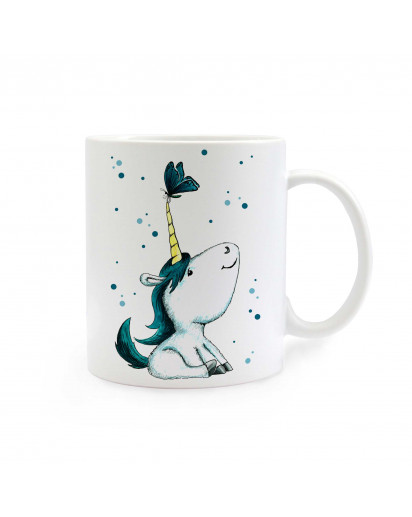 Tasse Becher Kindertasse Kinderbecher Kaffeetasse Kaffeebecher Einhorntasse Einhorn mit Schmetterling und Punkten türkis cup mug coffee cup coffee mug children cup children mug unicorn with butterfly and dots turquoise ts298