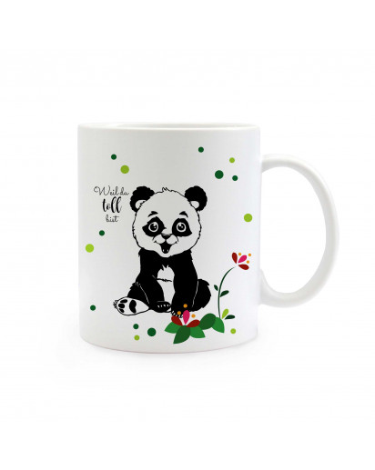 Tasse Pandabär mit Blumen Punkte und Spruch weil du toll bist ts312