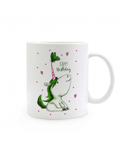 Tasse Becher Kaffeetasse Kaffeebecher Kindertasse Kinderbecher Einhorn mit Schmetterling Herzen Punkten und Spruch Happy Birthday cup mug coffee cup coffee mug children cup children mug unicorn with butterfly hearts dots and quote happy birthday ts322