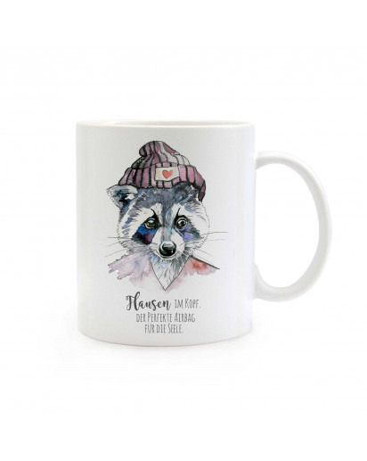 Tasse Waschbär mit Mütze und Spruch Flausen im Kopf Cup raccoon with cap and quote saying nonsense in the head ts326