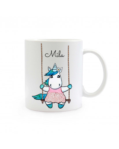 Tasse Becher Kaffeetasse Kaffeebecher Kindertasse Kinderbecher Einhorntasse Einhornbecher Einhorn auf Schaukel mit Wunschnamen cup mug coffee cup coffee mug children mug children cup unicorn on swing with custom name ts334