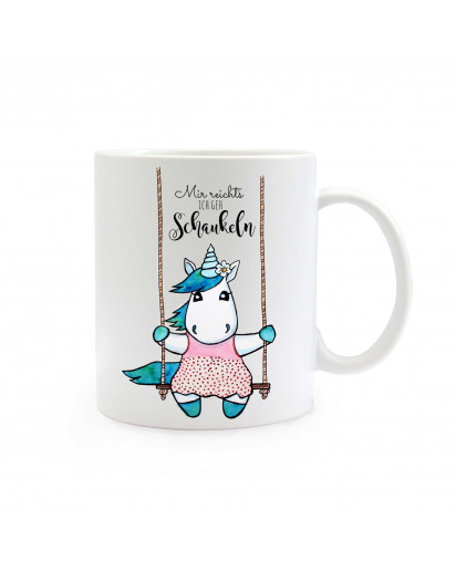 Tasse Becher Kindertasse Kinderbecher Kaffeetasse Kaffeebecher Einhorntasse Einhornbecher Einhorn auf Schaukel mit Spruch "Mir reicht's ich geh schaukeln" cup mug coffee cup coffee mug children cup children mug unicorn on swing with saying I have enough I