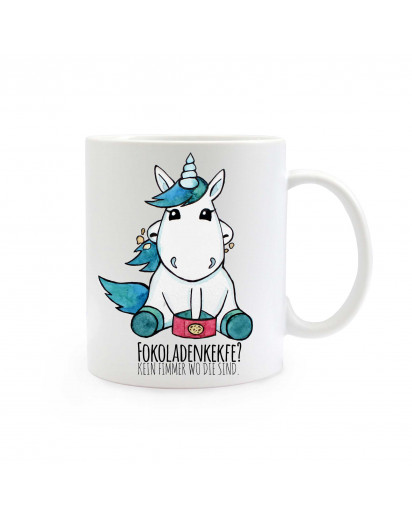 Tasse Becher Kaffeetasse Kaffeebecher Kindertasse Kinderbecher Einhorntasse Einhornbecher Einhorn mit Keksen und Spruch "Fokoladenkekfe? Kein Fimmer wo die sind" cup mug coffee cup coffee mug children cup children mug unicorn with cookies and saying "foco