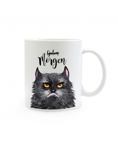 Tasse Becher Kaffeetasse Kaffeebecher Kindertasse Kinderbecher grimmige Katze mit Spruch Guten Morgen Cup mug children mug children cup coffee mug coffee cup grim cat with saying good morning ts358