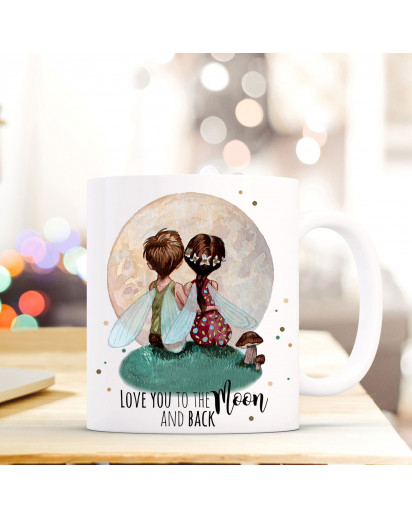 Tasse Becher Kaffeetasse Kaffeebecher Kindertasse Kinderbecher Feen Elfen Feenpaar Elfenpaar Elfenpärchen Feenpärchen mit Spruch Zitat love you to the moon and back cup mug children cup children mug coffee cup coffee mug elves fairies fairy couple with qu