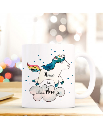 Becher Tasse Kaffeetasse Kaffeebecher Einhorn Punkte und Spruch Home is where mom is Cup mug coffee mug unicorn with dots and quote saying home is where mom is ts429_H.jpg