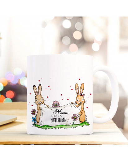 Tasse Becher Kaffeetasse Kaffeebecher zum Muttertag mit Hasen Punkten und Spruch Mama ist unsere Superheldin Cup mug coffee cup coffee mug for mother's day with rabbits dots and quote saying mum is our superhero ts431_H.jpg