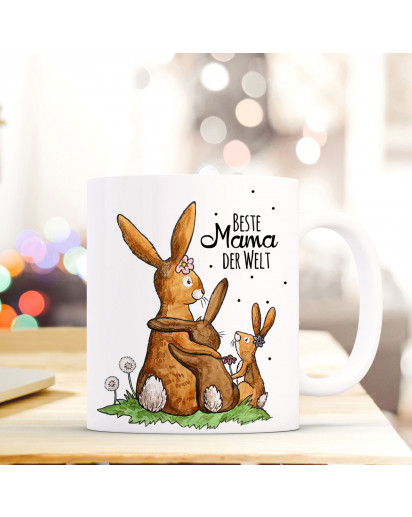 Tasse Becher Kaffeetasse Kaffeebecher zum Muttertag mit Hasen Punkten und Spruch Beste Mama der Welt Cup mug coffee cup coffee mug for mother's day with rabbits dots and quote saying best mum in the world ts432_H.jpg