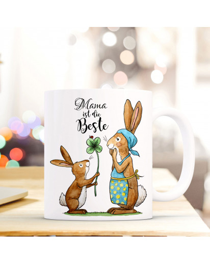 Tasse Becher Kaffeetasse Kaffeebecher zum Muttertag mit Hasen Punkten und Spruch Mama ist die Beste Cup mug coffee cup coffee mug for mother's day with rabbits dots and quote saying mum is the best ts433_H.jpg