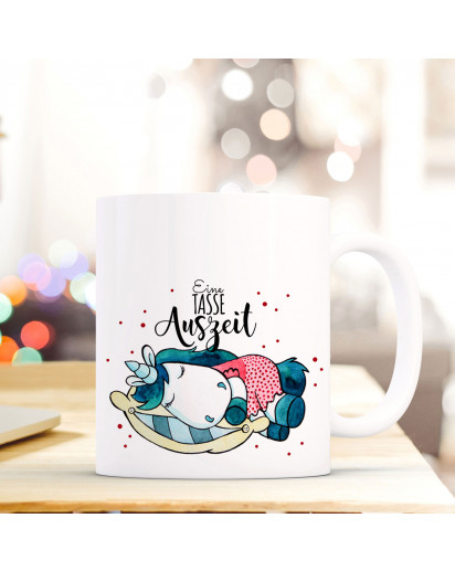 Tasse Becher Kaffeetasse Kaffeebecher zum Muttertag mit schlafendem Einhorn Punkten und Spruch Eine Tasse Auszeit Cup mug coffee cup coffee mug for mother's day with sleeping unicorn dots and quote saying a cup of timeout ts434_H.jpg