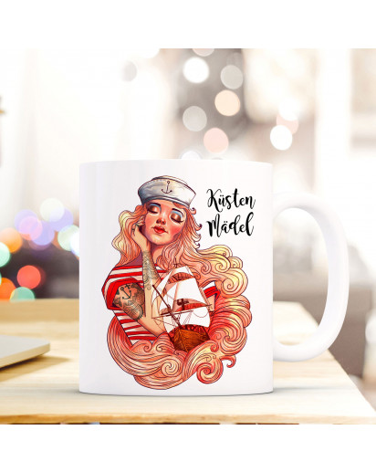 Tasse Becher Kaffeetasse Kaffeebecher Maritim mit Seemannsbraut Segelschiff und Spruch Küstenmädel Cup mug coffee cup coffee mug maritime with seaman's bride sailing ship and quote saying coastal girl ts444_H.jpg