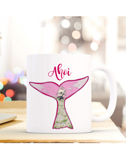 Tasse Becher Kaffeetasse Kaffeebecher Maritim mit Walflosse Segelschiff auf dem Meer und Spruch Ahoi in pink Cup mug coffee cup maritime in pink with whale fin sailing ship and quote saying ahoi ts448_H.jpg