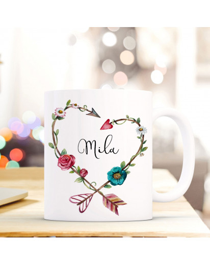 Tasse Becher mit Blumenherz & Name Wunschname Kaffeebecher Geschenk Hochzeit ts604