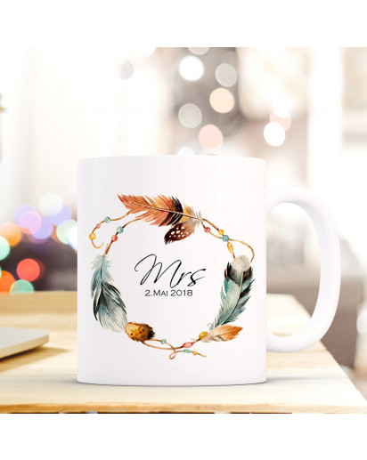 Tasse Pärchen Becher mit Federkranz Spruch Aufdruck Mrs. & Wunschdatum Hochzeitstag Kaffeebecher Geschenk Hochzeit ts606