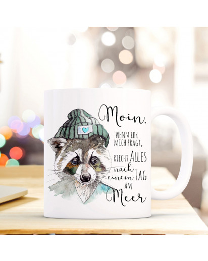 Maritime Tasse Becher Kaffeetasse mit Waschbär & Spruch Kaffeebecher Geschenk Spruchbecher Tag am Meer ts651