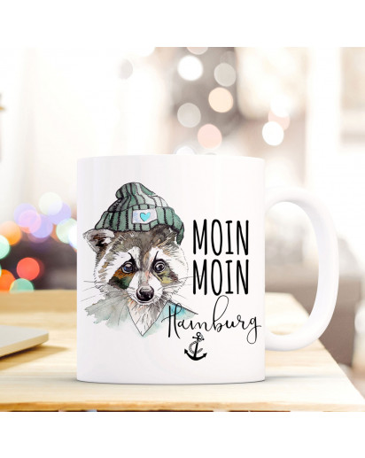 Maritime Tasse Becher Kaffeetasse mit Waschbär Spruch Kaffeebecher Geschenk Spruchbecher... moin moin hamburg ts652