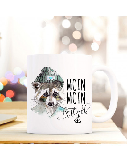 Maritime Tasse Becher Kaffeetasse mit Waschbär Spruch Kaffeebecher Geschenk Spruchbecher... moin moin Rostock ts653