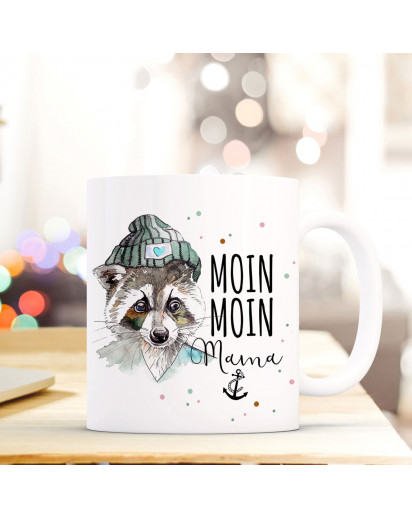 Maritime Tasse Becher Kaffeetasse mit Waschbär Spruch Kaffeebecher Geschenk Spruchbecher... moin moin Mama ts655