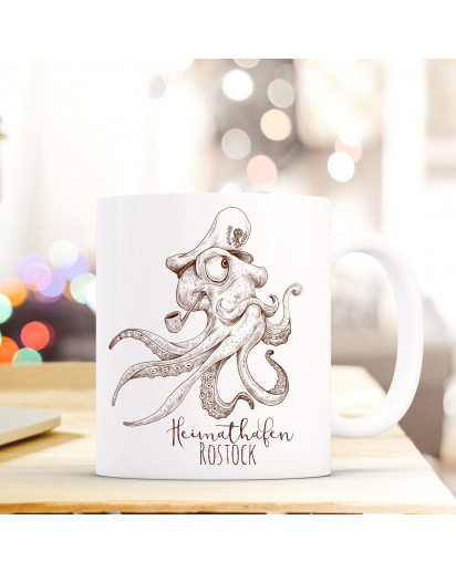 Maritime Tasse Becher Käpt'n Krake Kaffeetasse Kaffeebecher Geschenk mit Octopus Motto Spruch Heimathafen Rostock ts661