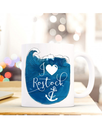 Maritime Tasse Becher Kaffeetasse mit Meer & Anker Kaffeebecher Geschenk mit Motto Spruch I love Rostock ts665