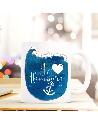 Maritime Tasse Becher Kaffeetasse mit Meer & Anker Kaffeebecher Geschenk mit Motto Spruch I love Hamburg ts666