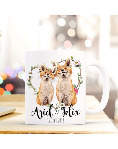 Tasse Becher Kaffeebecher mit Fuchspärchen Füchse Paar & Wunschnamen Kaffeebecher Geschenk ts670