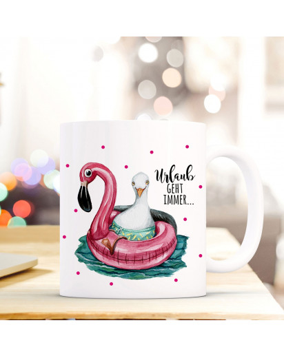 Tasse Becher Kaffeebecher mit Möwe & Flamingo Spruch Urlaub geht immer Kaffeebecher Geschenk ts679