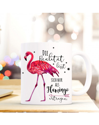 Tasse Becher Kaffeebecher mit Flamingo & Spruch Die Realität lässt... Kaffeebecher Geschenk ts686