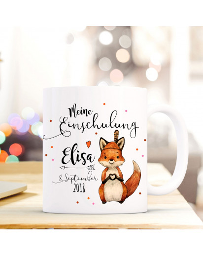 Tasse Becher Einschulung mit Fuchs Punkte Spruch Wunschnamen und Datum Kinderbecher Geschenk ts687