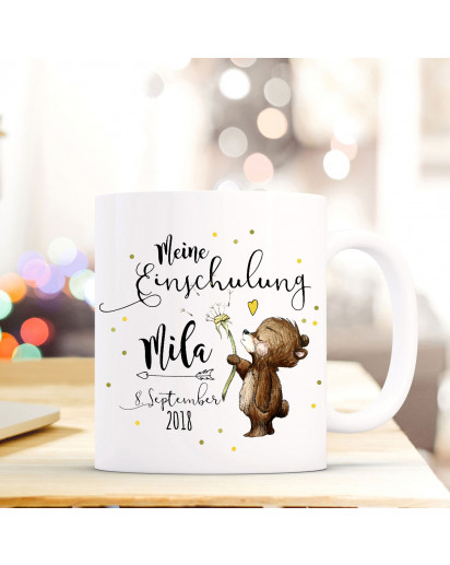 Tasse Becher Einschulung mit Bär Pusteblume Punkte Spruch Wunschnamen und Datum Kinderbecher Geschenk ts688