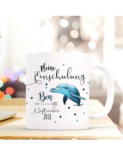 Tasse Becher Einschulung mit Delfin Punkte Spruch Wunschnamen und Datum Kinderbecher Geschenk ts690