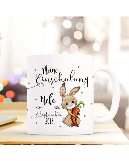 Tasse Becher Einschulung mit Hase Häschen Punkte Spruch Wunschnamen und Datum Kinderbecher Geschenk ts691