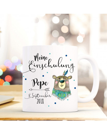 Tasse Becher Einschulung mit Boho Bär Punkte Spruch Wunschnamen und Datum Kinderbecher Geschenk ts693