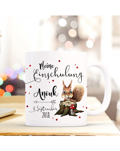 Tasse Becher Einschulung mit Eichhörnchen Punkte Spruch Wunschnamen und Datum Kinderbecher Geschenk ts694