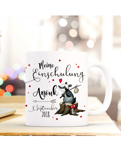 Tasse Becher Einschulung mit Waschbär Punkte Spruch Wunschnamen und Datum Kinderbecher Geschenk ts698