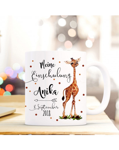 Tasse Becher Einschulung mit Giraffe Punkte Spruch Wunschnamen und Datum Kinderbecher Geschenk ts700