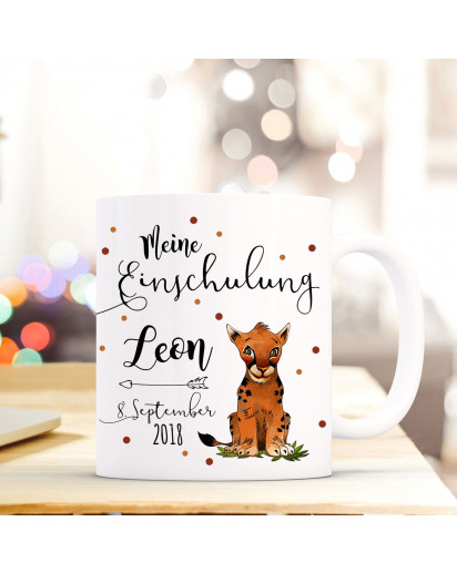 Tasse Becher Einschulung mit kleiner Tiger Punkte Spruch Wunschnamen und Datum Kinderbecher Geschenk ts701