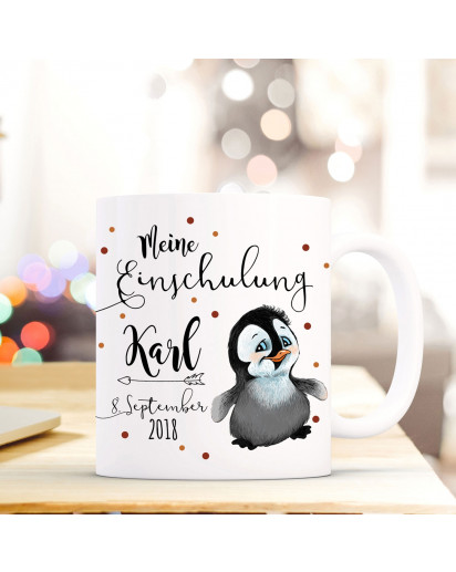 Tasse Becher Einschulung mit kleiner Pinguin Punkte Spruch Wunschnamen und Datum Kinderbecher Geschenk ts702